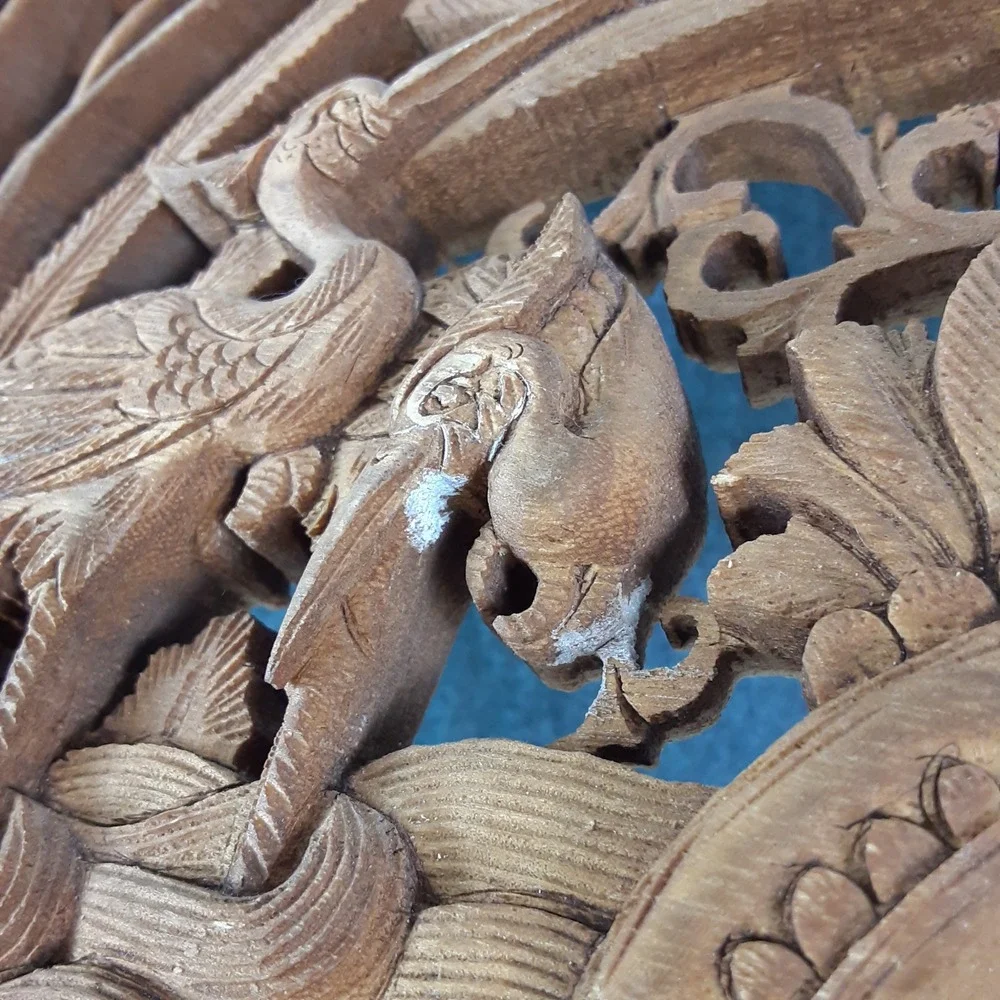 Vintage Hand Carved Wood Chinese Wall Plaque Crane Lotus Relief Art Decor 14X10